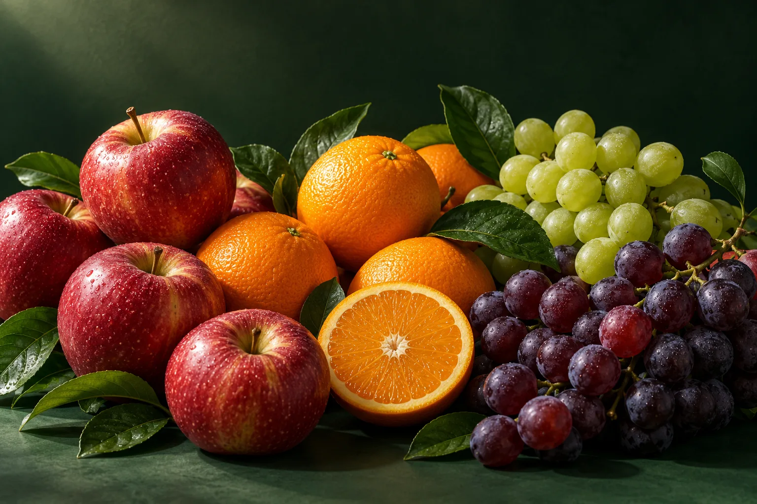 Illustrative still life of fresh red apples, oranges and grapes on a deep green background